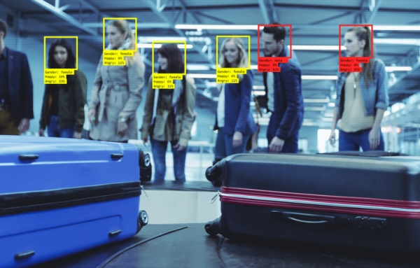Shown is a colour photograph of people in an airport, overlaid with squares and labels around their faces.