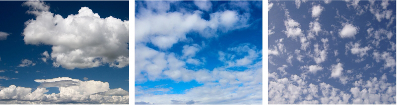 Shown are three colour photographs of three different types of fluffy white clouds, arranged in a row.