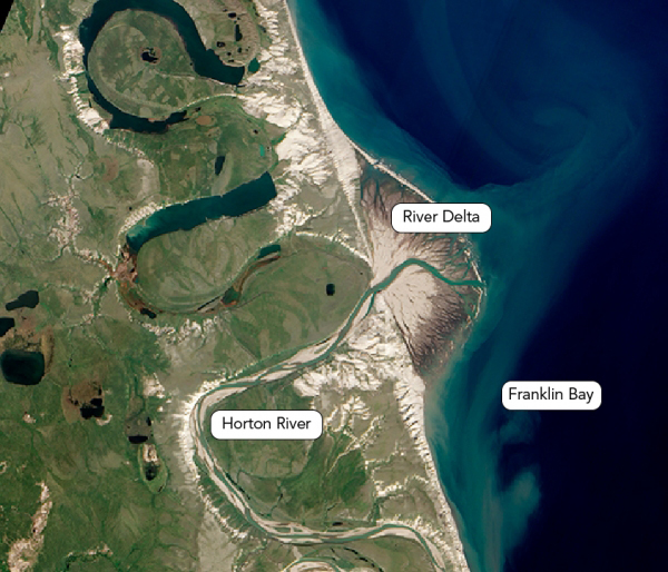 Shown is a colour aerial photograph of sediment at the end of a river, fanned out into the ocean.