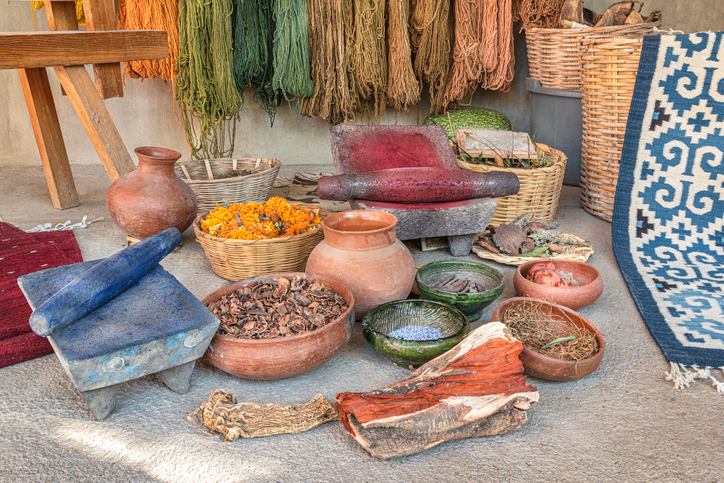 Shown is a colour photograph of ten containers of plant parts with dyed yarn hanging behind.