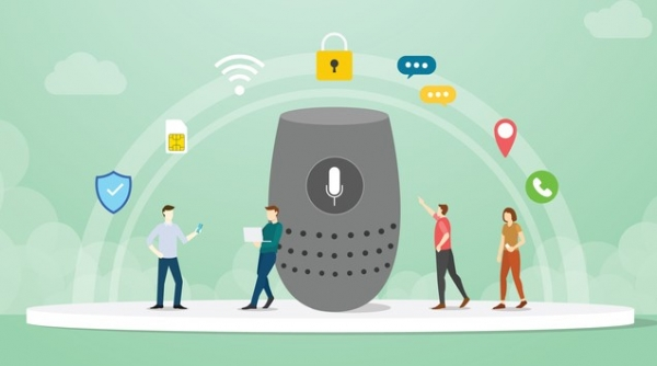 Shown is a colour illustration of a large smart home speaker with people walking around it. 
