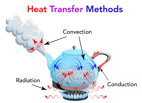 Shown is a colour illustration of three types of heat transfer happening inside a kettle on a stove.
