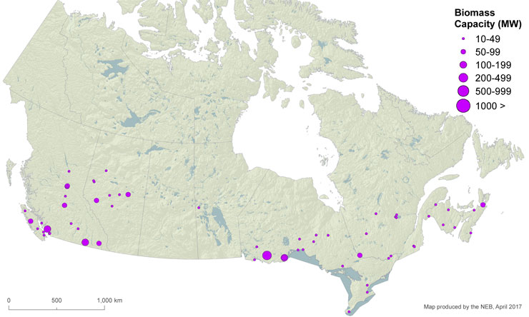 Shown is a colour map of Canada with locations marked by purple dots of different sizes.