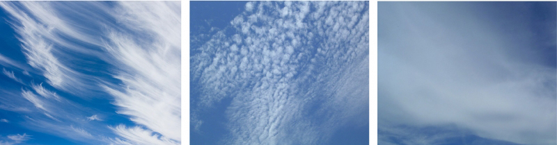 Shown are three colour photographs of different thin, wispy clouds, arranged in a row.