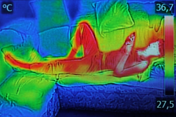 Thermal image of a woman on a couch. White parts are the hottest and black spots are the coolest. Notice how the heat radiates away from the body to the couch 
