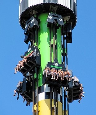 Riders being dropped from 70 metres (230 feet) on the Drop Tower ride at Canada's Wonderland in Ontario