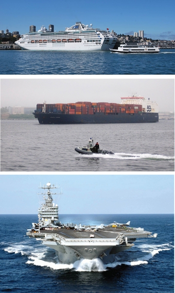 cruiseship, cargo ship and aircraft carrier
