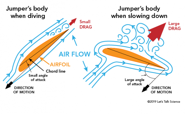 Image showing the chord line, airflow, angle of attack and drag when the jumper is diving and when the jumper wants to slow down
