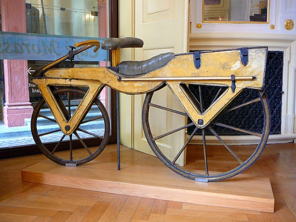 Early bicycle known as a Laufmaschine which means “running machine”. This one was built around 1820. 