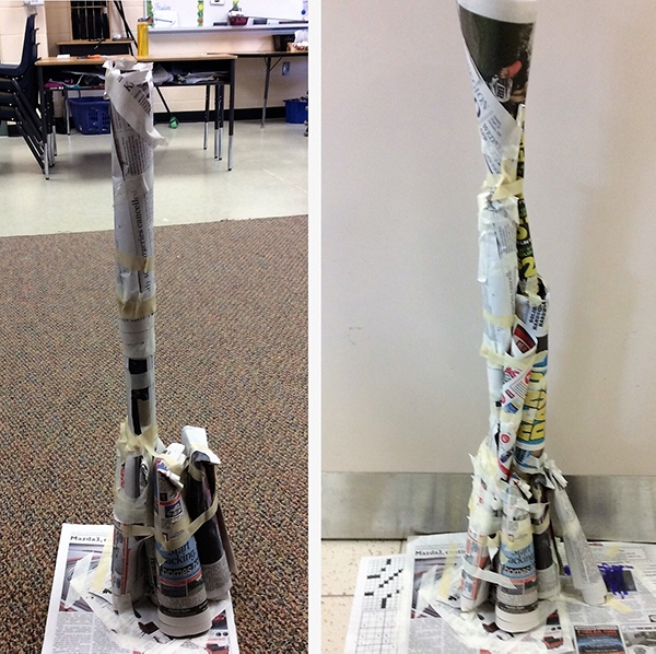 Newspaper tower at different stages of construction 