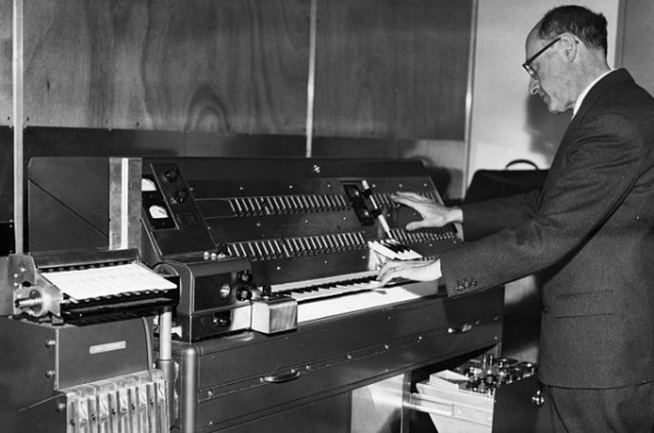 Israeli composer Josef Tal with Hugh Le Caine's synthesizer in 1962