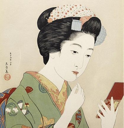 Woman Applying Color to Her Lips (woodblock on paper, 1920). 