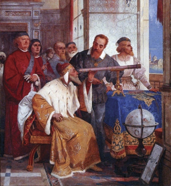 Galileo näyttää teleskoopin