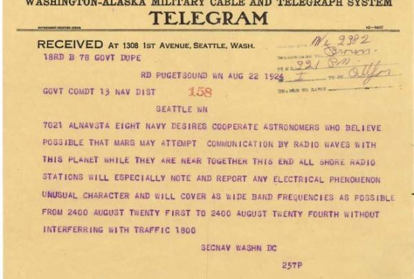 Telegram asking US Navy units to support efforts to listen to radio messages from Mars, August 22, 1924