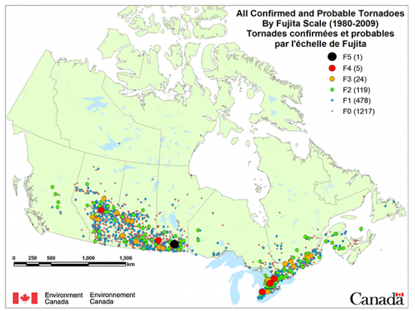 Map of all verified tornadoes in Canada between 1980 and 2009