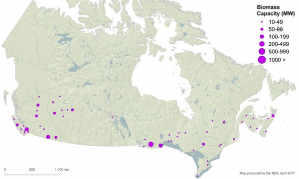 Map of Canada showing the location and capacity of biomass power plants. Most biomass power plants are located in British Columbia, Alberta, Ontario, Quebec, New Brunswick, and Nova Scotia.