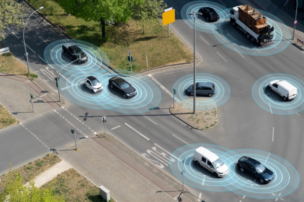 Aerial view of cars with lines showing how sensors might identify them