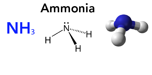 Various ways to represent the ammonia molecule including the chemical formula, 2D structure and ball-and-stick model 