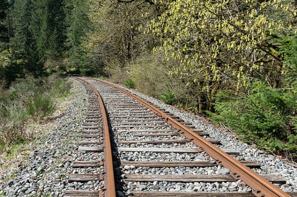 Railway tracks on top of crushed stone leading into a forest