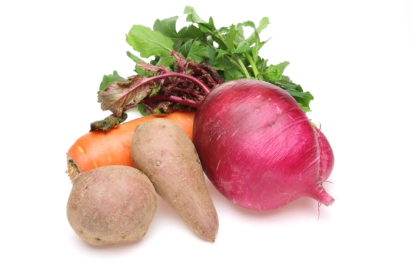 Shown is a colour photograph of a pile of root vegetables.