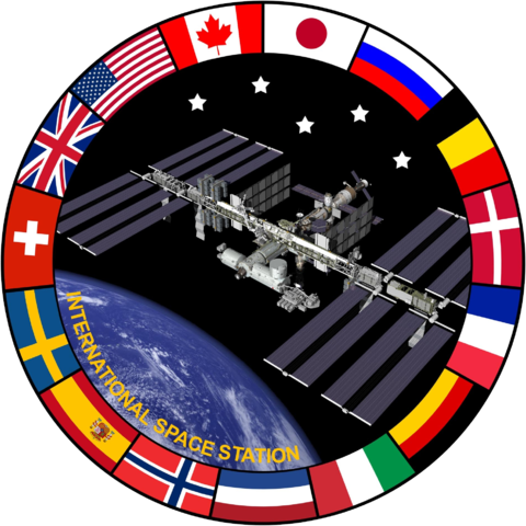 Shown is a colour illustration of a round emblem with a photograph of the ISS surrounded by a border of flags.