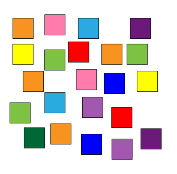 Shown is a colour illustration of 22 coloured squares on a white background.