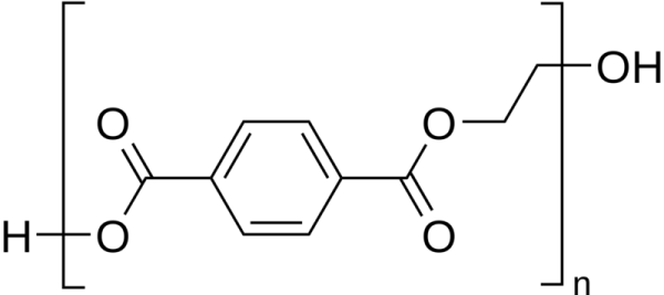 Shown is a black and white diagram of the structure of a PET molecule.