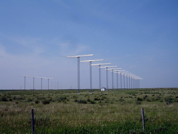 Shown is a colour photograph of rows of T-shaped towers in a field. 