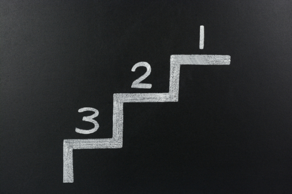 Shown is a white diagram of numbered stairs on a blackboard.