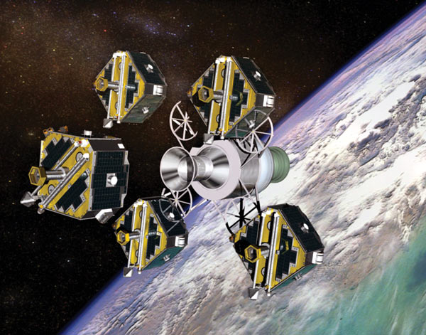 Shown is a colour illustration of the five satellites of the THEMIS mission.
