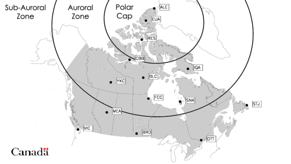 Shown is a black and white map of Canada with three concentric circles spread out from the North Pole.