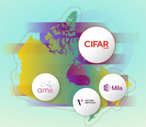 Shown is a colour map of Canada, overlaid with four logos in white circles.